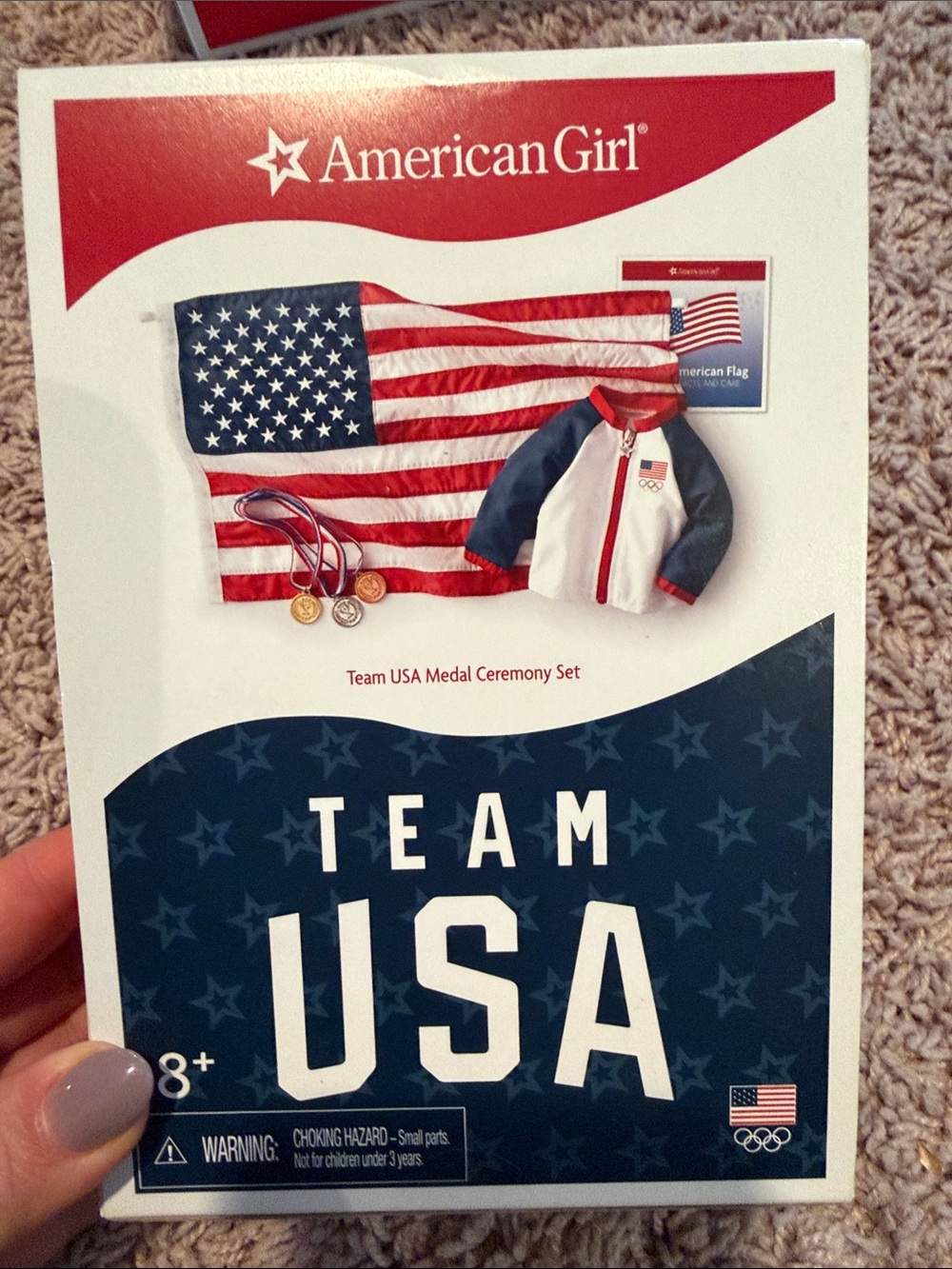 American girl team USA, metal ceremony set with jacket, booklet, flag, medals